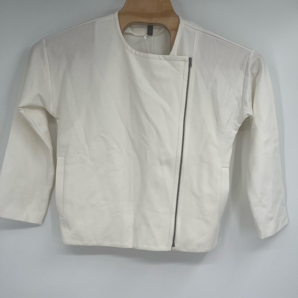 Eileen Fisher Asymmetrical Zip Moto Jacket Ivory Organic Cotton NWT XS‎